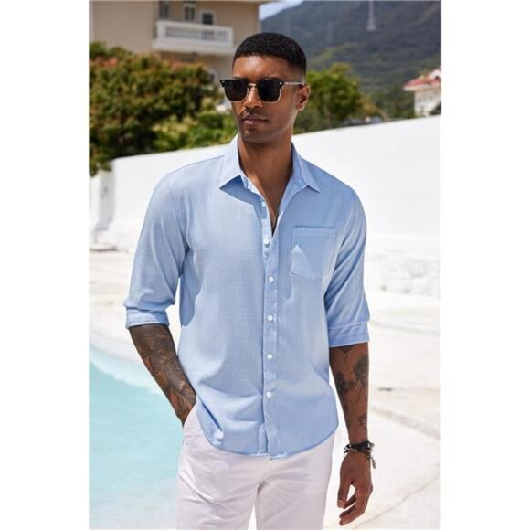 Men's Casual Button Down Shirt Long Sleeve Linen Chambray Shirt - Picture 2 of 6
